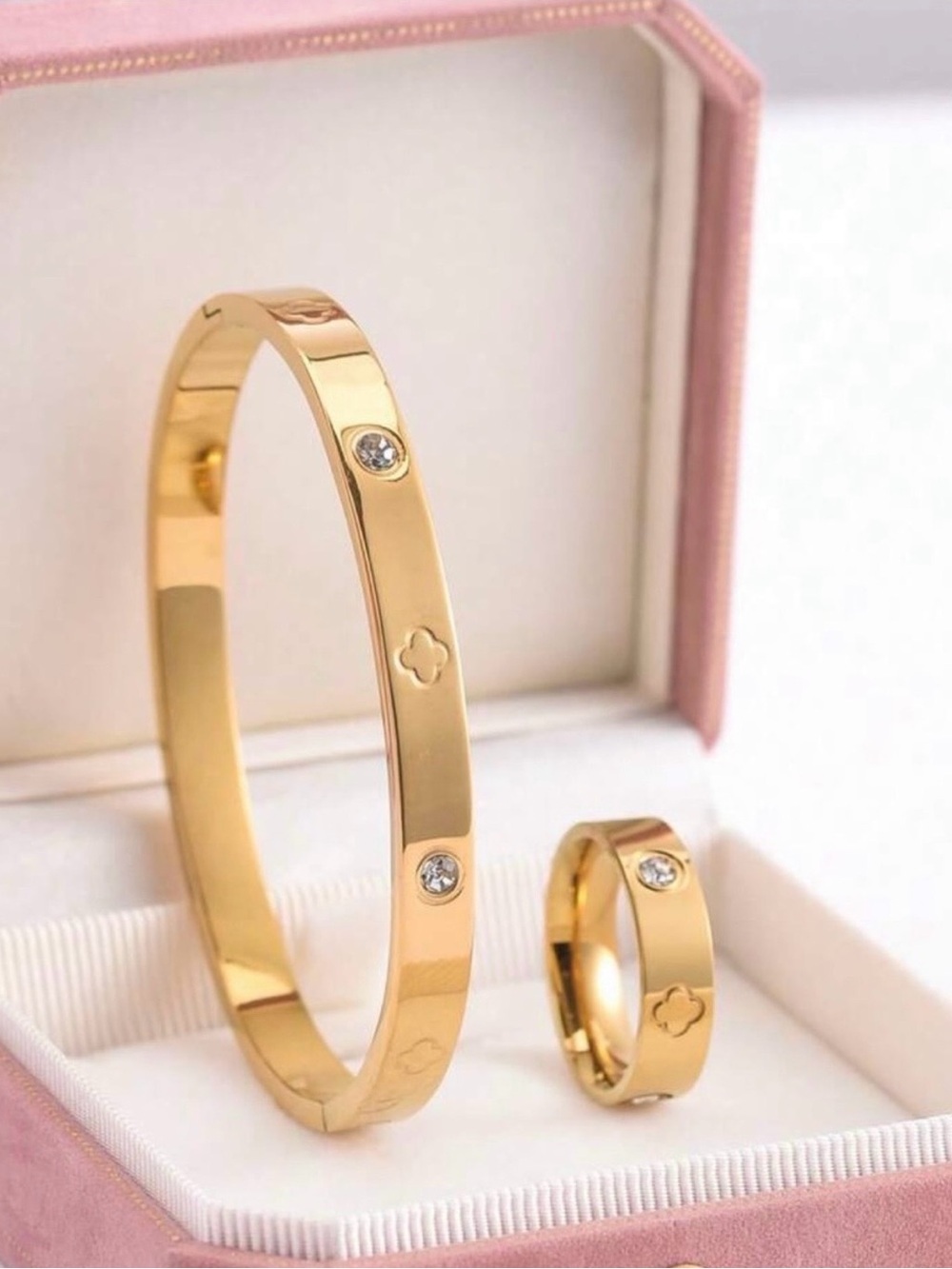 Elegant Gold-tone Crystal Accent Bangle and Ring Set